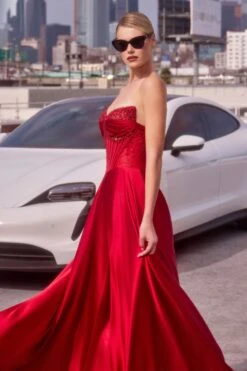 Ladivine CD297 Dress Strapless Beaded Satin A-Line Prom Gown(Ladivine Cd297 Dress Strapless Beaded Satin A Line Prom Gown) -Discount Dress Shops CD297 RED 3