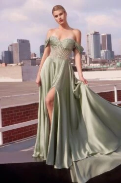 Ladivine CD297 Dress Strapless Beaded Satin A-Line Prom Gown(Ladivine Cd297 Dress Strapless Beaded Satin A Line Prom Gown) -Discount Dress Shops CD297 SAGE FRONT