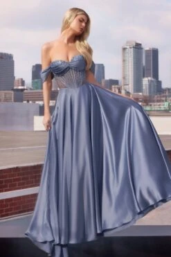 Ladivine CD297 Dress Strapless Beaded Satin A-Line Prom Gown(Ladivine Cd297 Dress Strapless Beaded Satin A Line Prom Gown) -Discount Dress Shops CD297 SMOKY BLUE FRONT 1