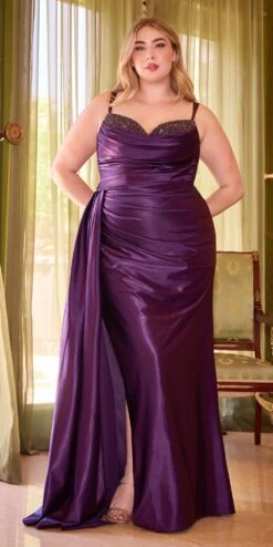 Ladivine CD349C Long Side Sash Overlay Fitted Stretch Satin Gown(Ladivine Cd349c Long Side Sash Overlay Fitted Stretch Satin Gown) -Discount Dress Shops CD349c eggplant