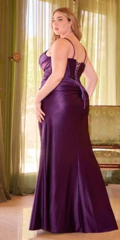 Ladivine CD349C Long Side Sash Overlay Fitted Stretch Satin Gown(Ladivine Cd349c Long Side Sash Overlay Fitted Stretch Satin Gown) -Discount Dress Shops CD349c eggplant 1