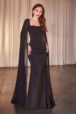 Ladivine CD356 Dress Fitted Chiffon With Long Cape Sleeves(Ladivine Cd356 Dress Fitted Chiffon With Long Cape Sleeves) -Discount Dress Shops CD356 ladivine BLACK