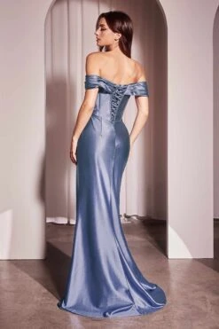 Ladivine CD370 Dress Satin Off The Shoulder Fitted Gown(Ladivine Cd370 Dress Satin Off The Shoulder Fitted Gown) -Discount Dress Shops CD370 LADIVINE SMOKY BLUE BACK