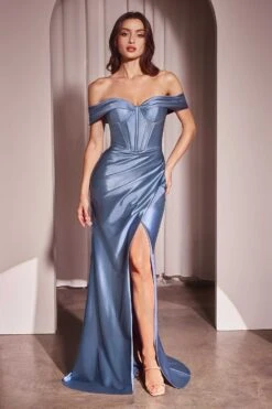Ladivine CD370 Dress Satin Off The Shoulder Fitted Gown(Ladivine Cd370 Dress Satin Off The Shoulder Fitted Gown) -Discount Dress Shops CD370 LADIVINE SMOKY BLUE FRONT