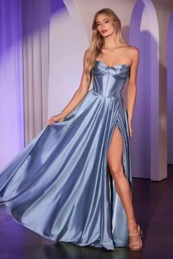 Ladivine CD378 Dress Strapless Satin A-Line Gown(Ladivine Cd378 Dress Strapless Satin A Line Gown) -Discount Dress Shops CD378 LADIVINE DUSTY BLUE FRONT
