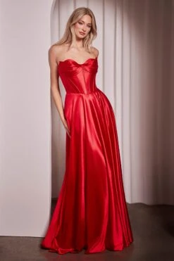Ladivine CD378 Dress Strapless Satin A-Line Gown(Ladivine Cd378 Dress Strapless Satin A Line Gown) -Discount Dress Shops CD378 LADIVINE RED FRONT