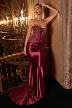 Ladivine CD725 Strapless Fitted Gown Scoop Neckline Crystal Lace(Ladivine Cd725 Strapless Fitted Gown Scoop Neckline Crystal Lace) -Discount Dress Shops CD725 BURGUNDY 2