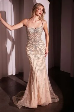 Ladivine CD766 Dress Fitted Pearl & Crystal Prom Gown(Ladivine Cd766 Dress Fitted Pearl Crystal Prom Gown) -Discount Dress Shops CD766 SILVER NUDE FRONT