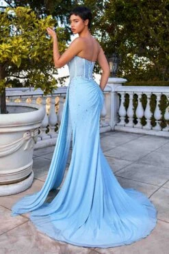 Ladivine CD770 Fitted Strapless Stretch Net Rhinestone Scattered Dress(Ladivine Cd770 Fitted Strapless Stretch Net Rhinestone Scattered Dress) -Discount Dress Shops CD770 LT BLUE BACK