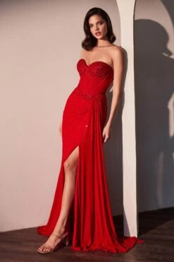 Ladivine CD770 Fitted Strapless Stretch Net Rhinestone Scattered Dress(Ladivine Cd770 Fitted Strapless Stretch Net Rhinestone Scattered Dress) -Discount Dress Shops CD770 RED FRONT