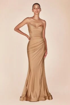 Ladivine CD791 Dress Strapless Stretch Satin Fitted Gown(Ladivine Cd791 Dress Strapless Stretch Satin Fitted Gown) -Discount Dress Shops CD791 LADIVINE NUDE GOLD
