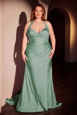 Ladivine CD796C Dress Stretch Satin Halter Fitted Curve Gown(Ladivine Cd796c Dress Stretch Satin Halter Fitted Curve Gown) -Discount Dress Shops CD796C LADIVINE DARK SAGE
