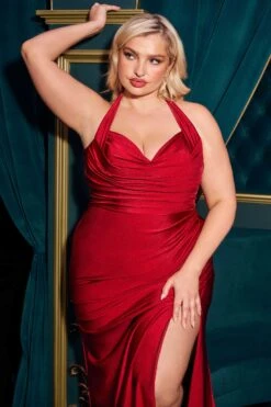 Ladivine CD796C Dress Stretch Satin Halter Fitted Curve Gown(Ladivine Cd796c Dress Stretch Satin Halter Fitted Curve Gown) -Discount Dress Shops CD796C RED 1