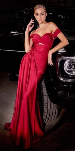 Ladivine CD836 Long Off Shoulder Side Slit Fitted Side Sash Gown(Ladivine Cd836 Long Off Shoulder Side Slit Fitted Side Sash Gown) -Discount Dress Shops CD836 deepred 2