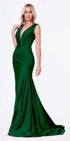 Ladivine CD912 Fitted Jersey Gown Ruched Waistline Pleated Deep V-Neckline(Fitted Jersey Deep Mauve Gown Ruched Waistline Pleated Deep V Neckline) -Discount Dress Shops CD912 cinderella divine emerald