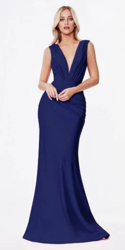 Ladivine CD912 Fitted Jersey Gown Ruched Waistline Pleated Deep V-Neckline(Fitted Jersey Deep Mauve Gown Ruched Waistline Pleated Deep V Neckline) -Discount Dress Shops CD912 cinderella divine navy blue