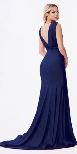 Ladivine CD912 Fitted Jersey Gown Ruched Waistline Pleated Deep V-Neckline(Fitted Jersey Deep Mauve Gown Ruched Waistline Pleated Deep V Neckline) -Discount Dress Shops CD912 cinderella divine navy blue back