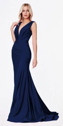 Ladivine CD912 Fitted Jersey Gown Ruched Waistline Pleated Deep V-Neckline(Fitted Jersey Deep Mauve Gown Ruched Waistline Pleated Deep V Neckline) -Discount Dress Shops CD912 cinderella divine navy blue 1