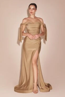 Ladivine CD943 Fitted Stretch Jersey Long Formal Dress Off Shoulder(Ladivine Cd943 Fitted Stretch Jersey Long Formal Dress Off Shoulder 1) -Discount Dress Shops CD943 ladivine nude gold