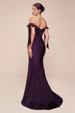 Ladivine CD943 Fitted Stretch Jersey Long Formal Dress Off Shoulder(Ladivine Cd943 Fitted Stretch Jersey Long Formal Dress Off Shoulder 1) -Discount Dress Shops CD943 ladivine eggplant back