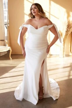 Cinderella Divine CD944WC Long Stretch Satin Gown Off The Shoulder Tie Sleeve(Cinderella Divine Cd944wc Long Plus Size Stretch Satin Off White Gown Off The Shoulder Adjustable Tie Sleeve Leg Slit)