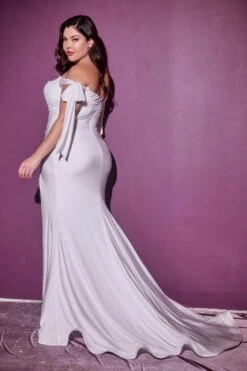Cinderella Divine CD944WC Long Stretch Satin Gown Off The Shoulder Tie Sleeve(Cinderella Divine Cd944wc Long Plus Size Stretch Satin Off White Gown Off The Shoulder Adjustable Tie Sleeve Leg Slit) -Discount Dress Shops CD944WC LADIVINE OFF WHITE SIDE