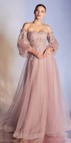 Cinderella Divine CD948 Princess-Like A-Line Tulle Gown Removable Blouson Sleeves(Princess Like Dusty Rose A Line Tulle Gown Removable Blouson Sleeves) -Discount Dress Shops CD948 cinderella divine dusty rose