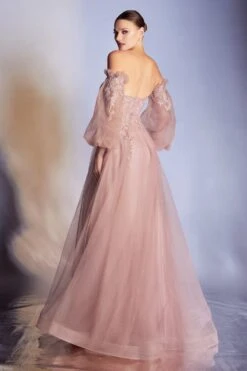 Cinderella Divine CD948 Princess-Like A-Line Tulle Gown Removable Blouson Sleeves(Princess Like Dusty Rose A Line Tulle Gown Removable Blouson Sleeves) -Discount Dress Shops CD948 cinderella divine dusty rose back