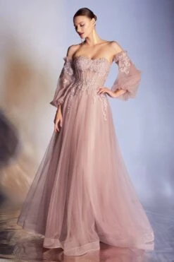 Cinderella Divine CD948 Princess-Like A-Line Tulle Gown Removable Blouson Sleeves(Princess Like Dusty Rose A Line Tulle Gown Removable Blouson Sleeves) -Discount Dress Shops CD948 cinderella divine dusty rose side