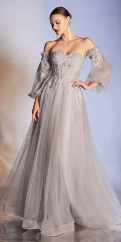 Cinderella Divine CD948 Princess-Like A-Line Tulle Gown Removable Blouson Sleeves(Princess Like Dusty Rose A Line Tulle Gown Removable Blouson Sleeves) -Discount Dress Shops CD948 silver