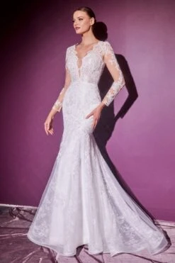 Cinderella Divine CD951W Lace Mermaid Gown With Long Illusion Sleeves(Off White Lace Mermaid Gown With Long Illusion Sleeves Open Back) -Discount Dress Shops CD951W 1