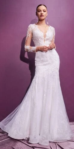 Cinderella Divine CD951W Lace Mermaid Gown With Long Illusion Sleeves(Off White Lace Mermaid Gown With Long Illusion Sleeves Open Back)