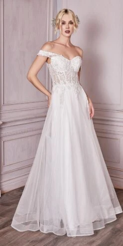 Cinderella Divine CD961W Long Lace Off The Shoulder Bridal Gown(Long Lace Off The Shoulder Bridal Gown By Cinderella Divine Cd961w) -Discount Dress Shops CD961W