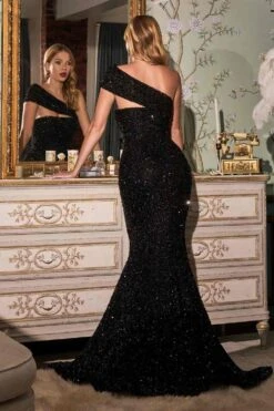 CLEARANCE - Cinderella Divine CD980 Long Off The One Shoulder Sequins Gown (Size 6)(Clearance Cinderella Divine Cd980 Long Off The One Shoulder Sequins Gown Size 6) -Discount Dress Shops CD980 cinderella divine black back 1