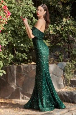 CLEARANCE - Cinderella Divine CD980 Long Off The One Shoulder Sequins Gown (Size 6)(Clearance Cinderella Divine Cd980 Long Off The One Shoulder Sequins Gown Size 6) -Discount Dress Shops CD980 cinderella divine emerald green side 1