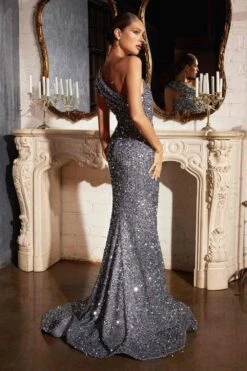 CLEARANCE - Cinderella Divine CD980 Long Off The One Shoulder Sequins Gown (Size 6)(Clearance Cinderella Divine Cd980 Long Off The One Shoulder Sequins Gown Size 6) -Discount Dress Shops CD980 cinderella divine midnight back 1