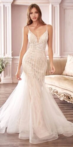 Cinderella Divine CDS401 Long Beaded Hourglass Mermaid Wedding Dress V-Neck(Long Beaded Off White Hourglass Mermaid Wedding Dress V Neck)