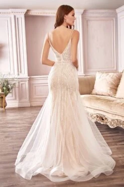 Cinderella Divine CDS401 Long Beaded Hourglass Mermaid Wedding Dress V-Neck(Long Beaded Off White Hourglass Mermaid Wedding Dress V Neck) -Discount Dress Shops CDS401 cinderella divine off white back