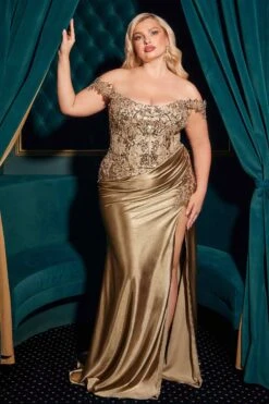 Ladivine CDS537C Off The Shoulder Lace & Satin Curve Dress(Ladivine Cds537c Off The Shoulder Lace Satin Curve Dress) -Discount Dress Shops CDS537C MOCHA GOLD FRONT