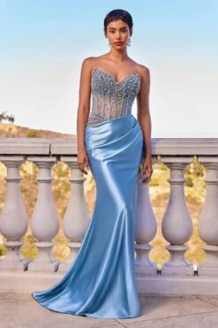Ladivine CDS538 Dress Strapless Beaded Bodice & Satin Skirt Fitted Gown(Ladivine Cds538 Dress Strapless Beaded Bodice Satin Skirt Fitted Gown)