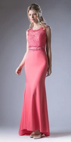 Cinderella Divine CF115 Long Lace Bodice Stretch Knit Sheath Dress Sleeveless(Long Lace Bodice Stretch Knit Sheath Dress Mint Sleeveless) -Discount Dress Shops CF115 cinderella divine coral