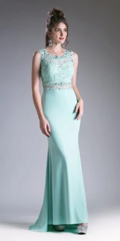 Cinderella Divine CF115 Long Lace Bodice Stretch Knit Sheath Dress Sleeveless(Long Lace Bodice Stretch Knit Sheath Dress Mint Sleeveless)