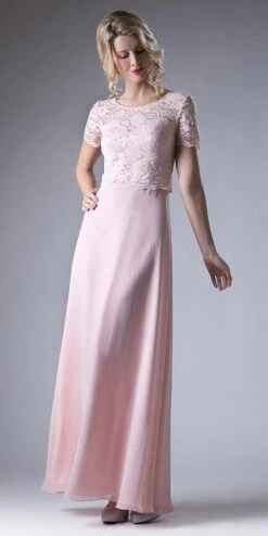 Cinderella Divine CF160 Lace Bodice Short Sleeves A-line Long Dress(Mocha Lace Bodice Short Sleeves A Line Long Bridesmaids Dress) -Discount Dress Shops CF160 cinderella divine blush