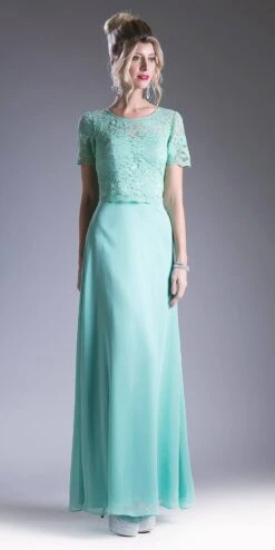 Cinderella Divine CF160 Lace Bodice Short Sleeves A-line Long Dress(Mocha Lace Bodice Short Sleeves A Line Long Bridesmaids Dress) -Discount Dress Shops CF160 cinderella divine mint green