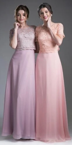 Cinderella Divine CF160 Lace Bodice Short Sleeves A-line Long Dress(Mocha Lace Bodice Short Sleeves A Line Long Bridesmaids Dress)