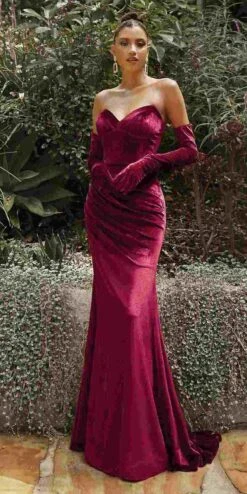 Cinderella Divine CH176 Vintage Velvet Hollywood Strapless Fitted Gown(Cinderella Divine Ch176 Vintage Velvet Hollywood Strapless Fitted Gown) -Discount Dress Shops CH176 cinderella divine burgundy