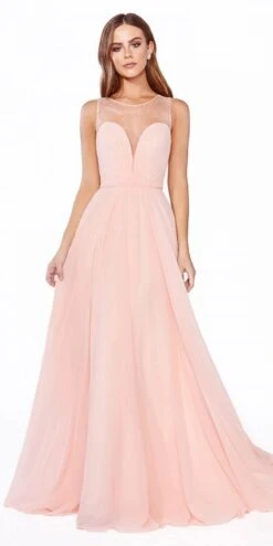 Cinderella Divine CJ251 Long A-Line Chiffon Dress Illusion Neckline(Long A Line Chiffon Dress Blush Illusion Neckline And Open V Back)