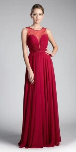 Cinderella Divine CJ251 Long A-Line Chiffon Dress Illusion Neckline(Long A Line Chiffon Dress Blush Illusion Neckline And Open V Back) -Discount Dress Shops CJ251 cinderella divine burgundy