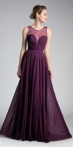 Cinderella Divine CJ251 Long A-Line Chiffon Dress Illusion Neckline(Long A Line Chiffon Dress Blush Illusion Neckline And Open V Back) -Discount Dress Shops CJ251 cinderella divine egpplant