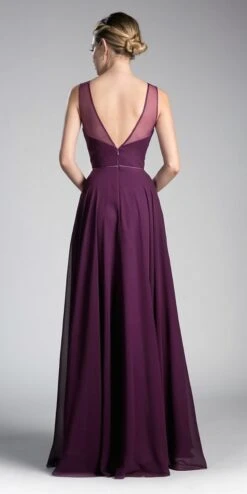 Cinderella Divine CJ251 Long A-Line Chiffon Dress Illusion Neckline(Long A Line Chiffon Dress Blush Illusion Neckline And Open V Back) -Discount Dress Shops CJ251 cinderella divine egpplant back